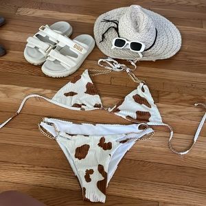 SHEIN Brown and white cow print cheeky/thong bikini with gold chain